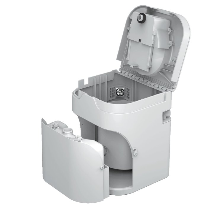 OGO Composting Toilet in white with open lid, ideal for RVs, tiny homes, and boats. Made in USA, available in Canada.