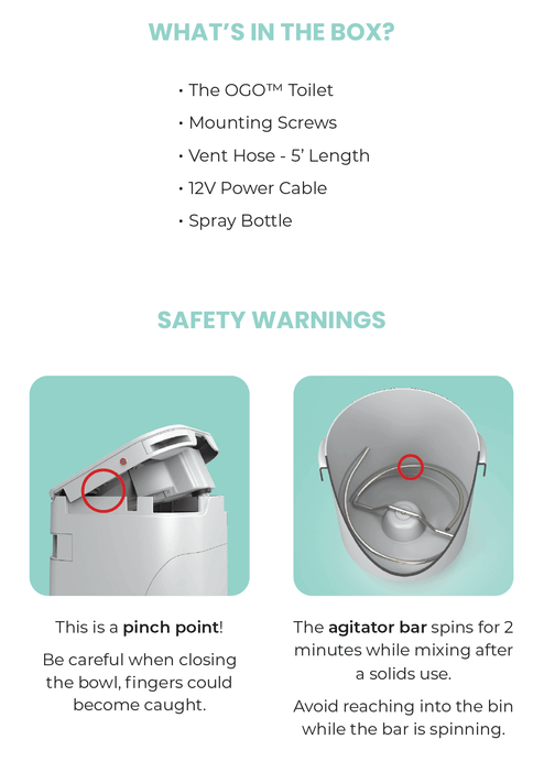 OGO Composting Toilet package contents and safety warnings including pinch points and agitator bar precautions.