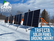 Trifecta 12-Panel Ground Mount Kit by Cabin Depot in snowy terrain, showcasing adjustable solar panels for easy installation.