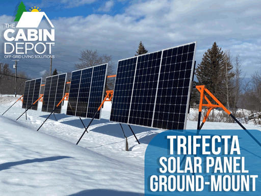 Trifecta 12-Panel Ground Mount Kit by Cabin Depot in snowy terrain, showcasing adjustable solar panels for easy installation.