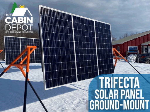 Trifecta 3-Panel Ground Mount Kit in snow, Cabin Depot exclusive, showing adjustable steel mounts for solar panels.