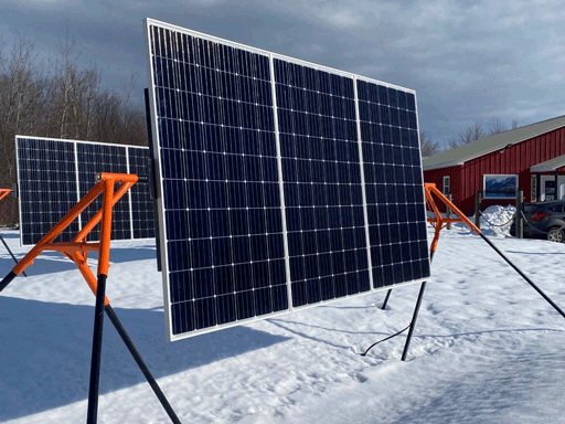 Trifecta 3-Panel Ground Mount Kit by Cabin Depot, featuring 3x300W Mono GMA Solar Panels in snowy setting.