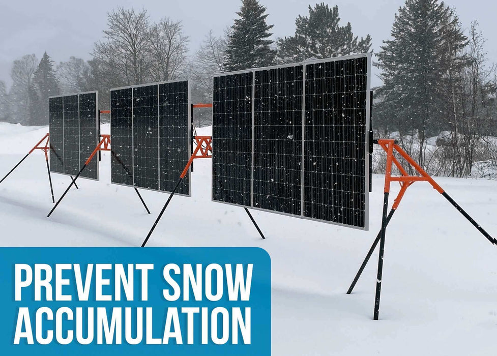 Trifecta 9-Panel Ground Mount Kit featuring adjustable solar panels in a snowy landscape, designed to prevent snow accumulation.