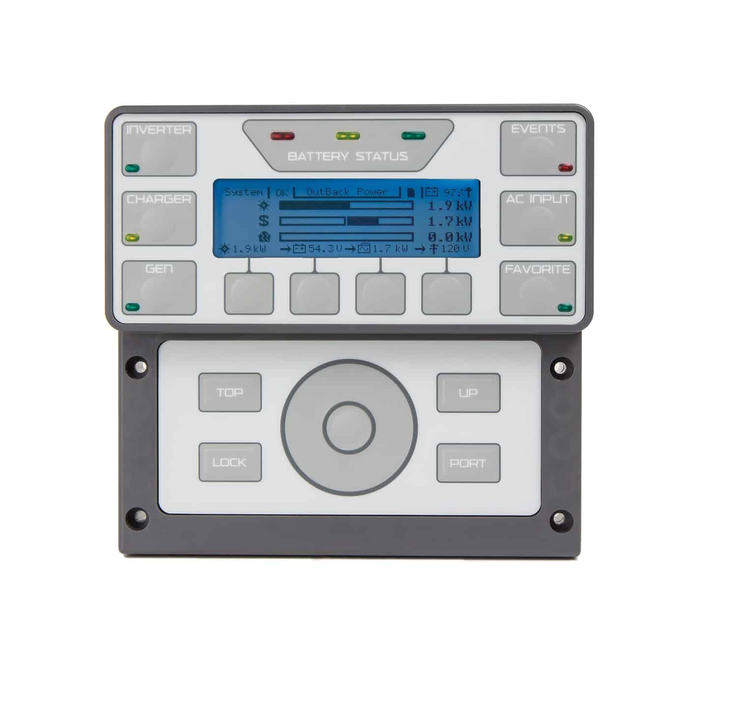 Outback 8000 Watt FLEXpower Radian control panel displaying battery status, available at Cabin Depot.