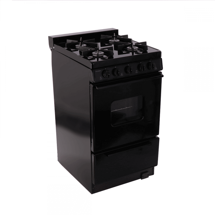 Premier 20 inch Black Off-Grid Gas Range with Battery Spark and Sealed Burners, ideal for cabins. Available at Cabin Depot.