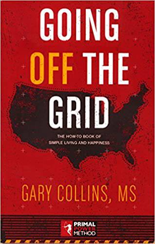 "Cover of Going Off the Grid book by Gary Collins, featuring a red background with a map silhouette and bold text"