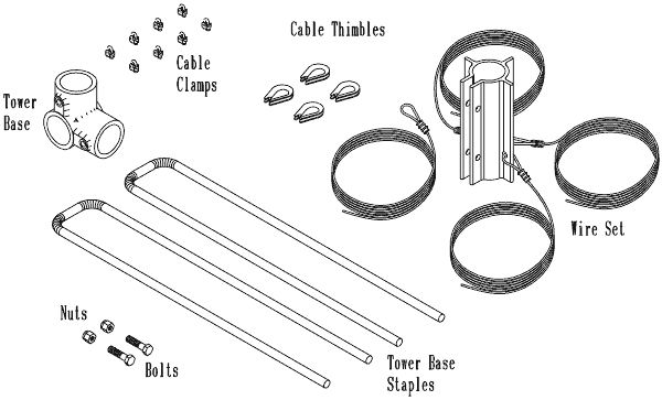 Diagram of Primus 27' Guyed Tower Kit components for wind turbines available at Cabin Depot, includes tower base and cable.