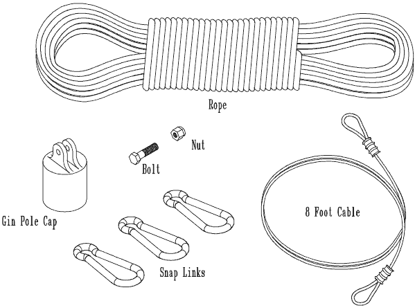 Components of Primus 45' Guyed Tower Kit for AIR Wind Turbines from Cabin Depot, including rope, nuts, bolts, and snap links.