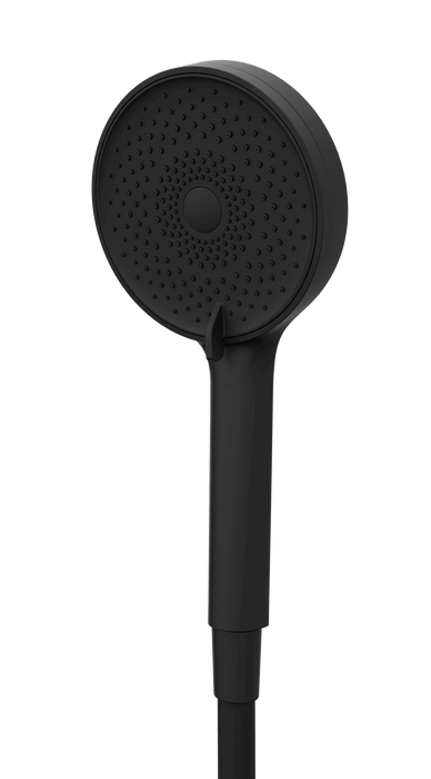 Matte black RainStick Shower Head with water-saving technology and modern design.