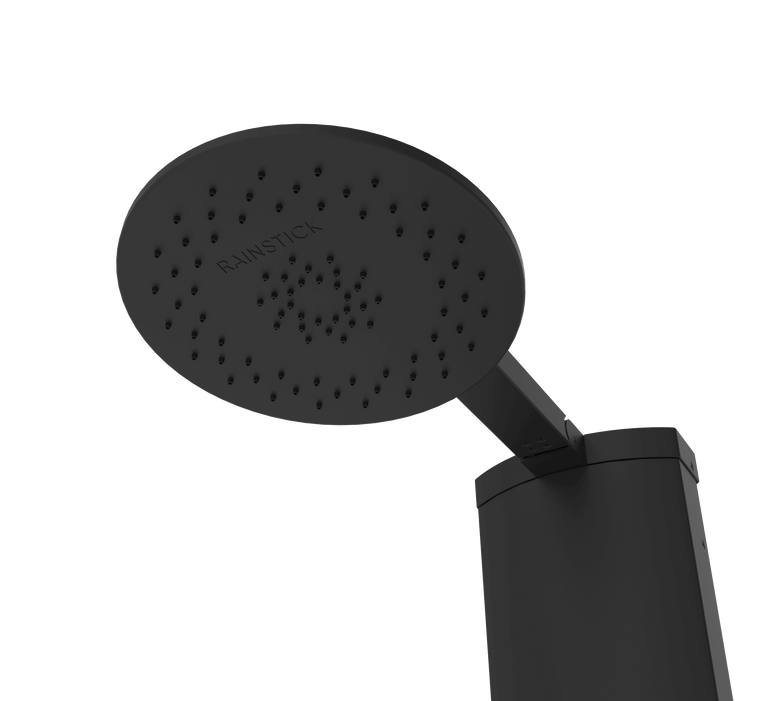 Matte black RainStick Shower head with eco-friendly water-saving technology.