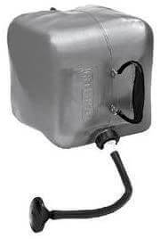 Silver Reliance 5Gal Solar-Spray Portable Shower with ergonomic handle, kink-resistant hose, and on/off spigot for outdoor use.