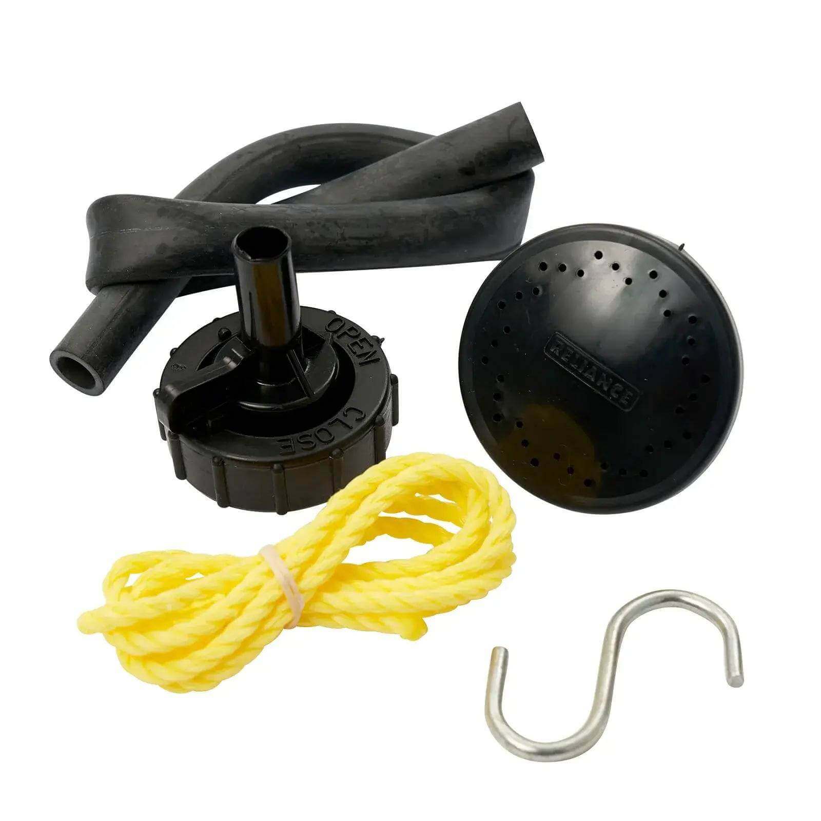 Reliance 5Gal Solar-Spray Portable Shower accessories including hose, shower nozzle, rope, and hook from Cabin Depot.