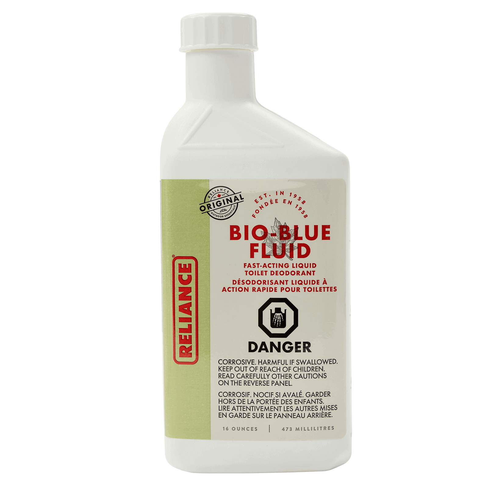 Reliance 16oz Bio-Blue Fluid toilet deodorant for cabins and outdoor toilets, available at Cabin Depot.