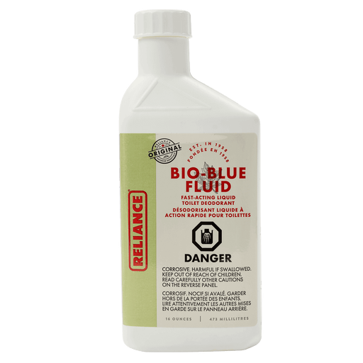 Reliance 16oz Bio-Blue Fluid toilet deodorant for odor control with handy dispensing indicator and plumbing-safe formula.