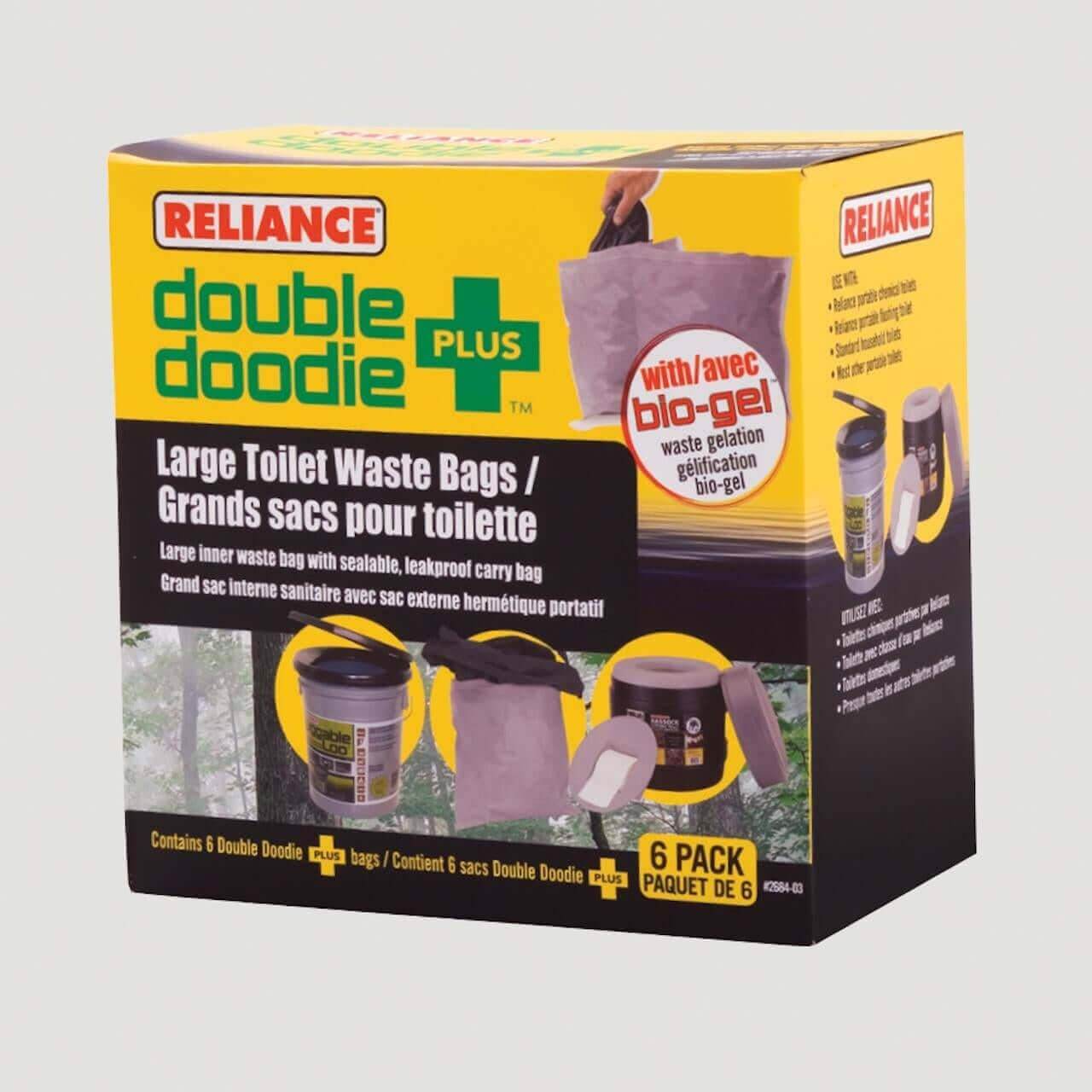 Reliance Double Doodie Plus Waste Bags 6-pack for portable toilets, available at Cabin Depot. Leak-proof, puncture-resistant bags.