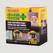 Reliance Double Doodie Plus Waste Bags 6-pack for portable toilets, available at Cabin Depot. Leak-proof, puncture-resistant bags.