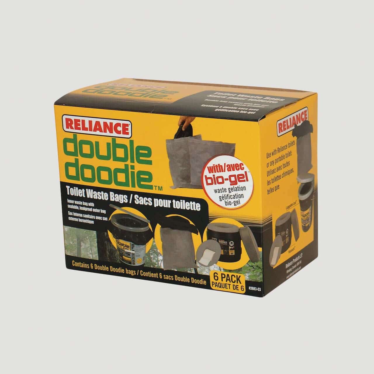 Reliance Double Doodie waste bags with Bio-Gel for portable toilets, available at Cabin Depot, featuring leak-proof seal and easy cleanup.