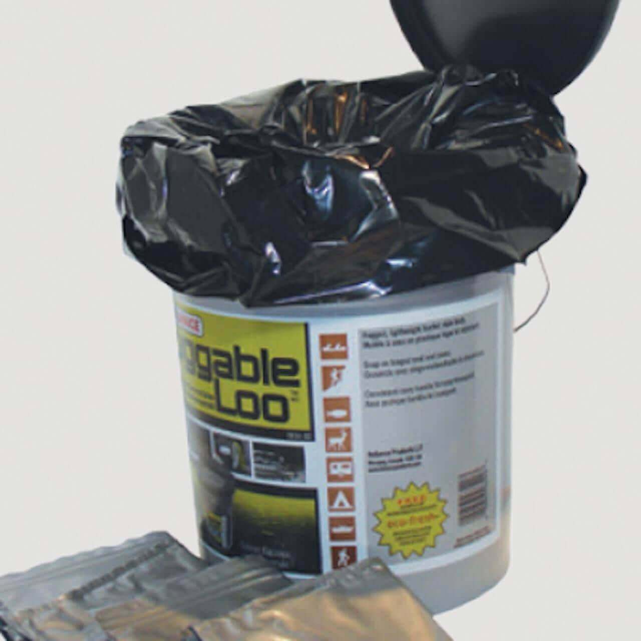 Reliance Double Doodie waste bags with Bio Gel for portable toilets at Cabin Depot featuring leak-proof seal and puncture resistance.