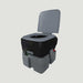 Portable toilet with open lid showing flush tank and waste compartment, innovative T-slot flush nozzle, and comfort seat.