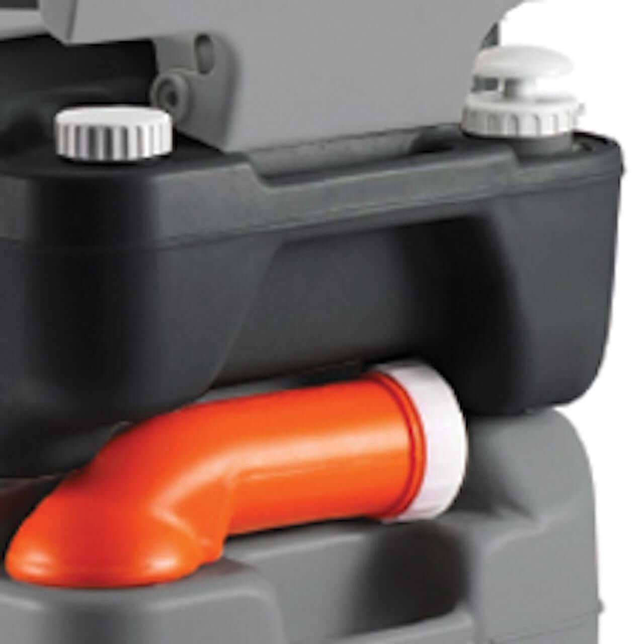 Reliance Flush N Go Portable Toilet 3320 waste tank with orange exhaust valve, featuring technology for efficient draining, available at Cabin Depot.