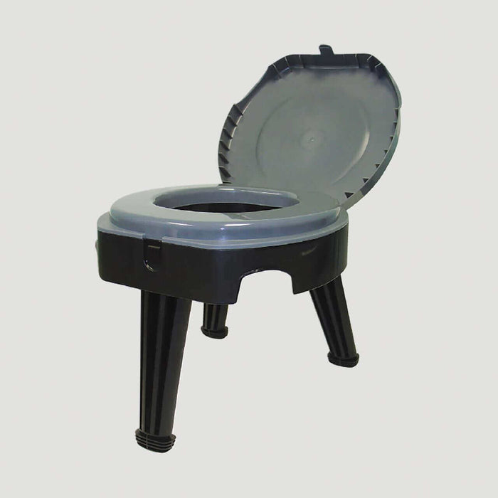 Collapsible and portable Reliance Fold-To-Go toilet with open lid, designed for field use and emergencies.