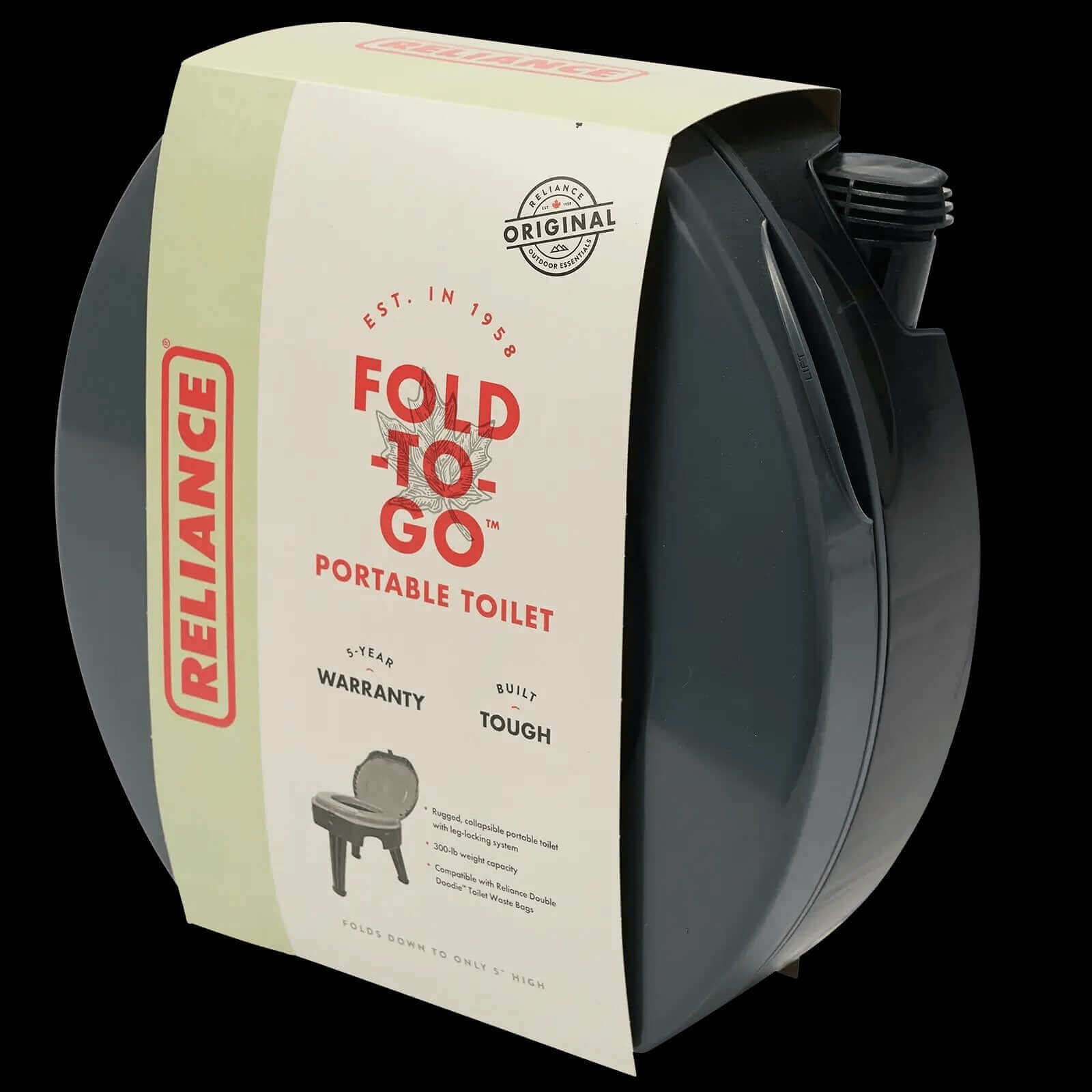 Reliance Fold-To-Go portable toilet, collapsible design for camping and emergencies, available at Cabin Depot.