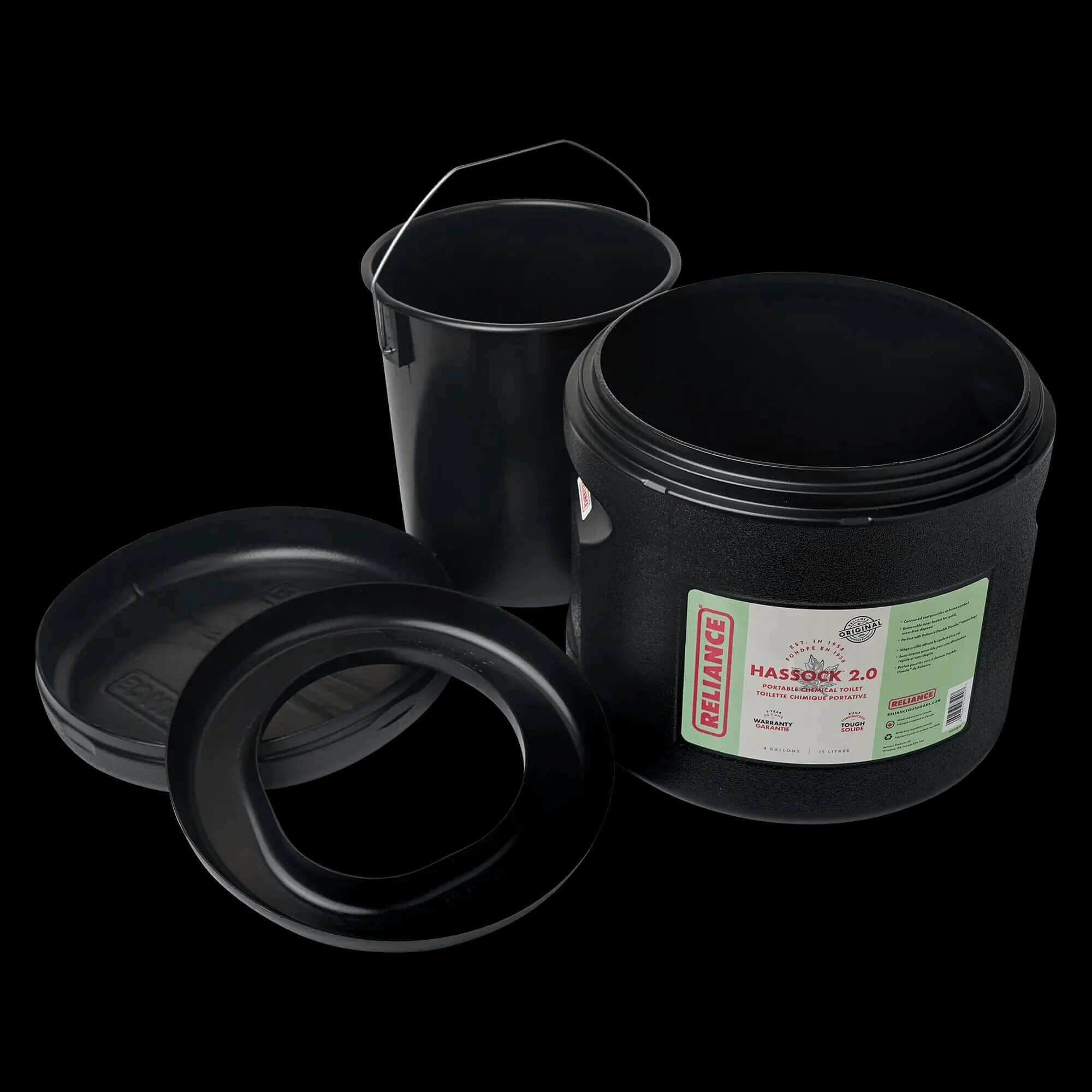 Reliance Hassock 2.0 Portable Toilet with inner bucket, ideal for camping, boating, hunting; buy at Cabin Depot. Black color, lightweight.