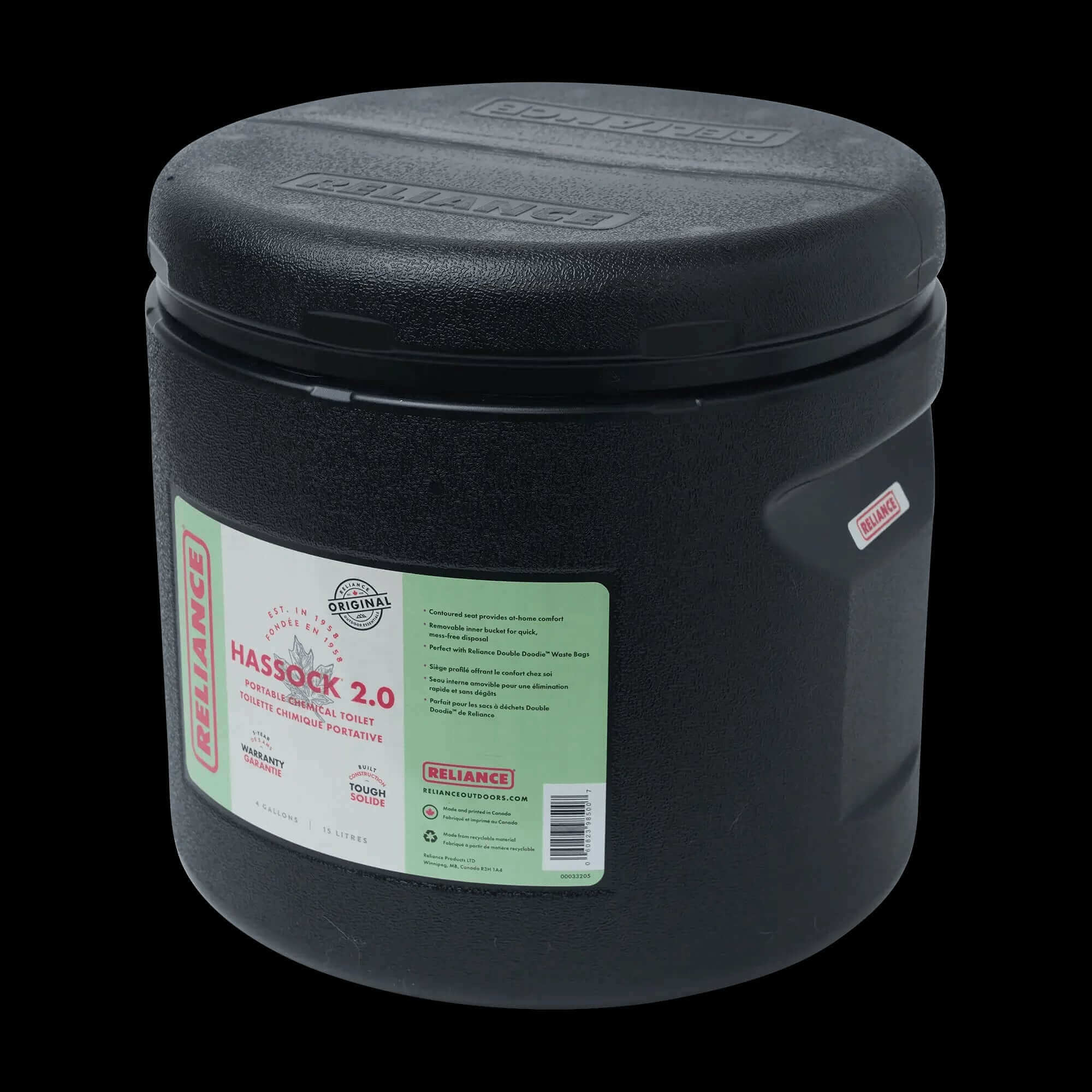 Reliance Hassock 2.0 Portable Toilet, camping essential from Cabin Depot, lightweight and self-contained waste solution, color: black.