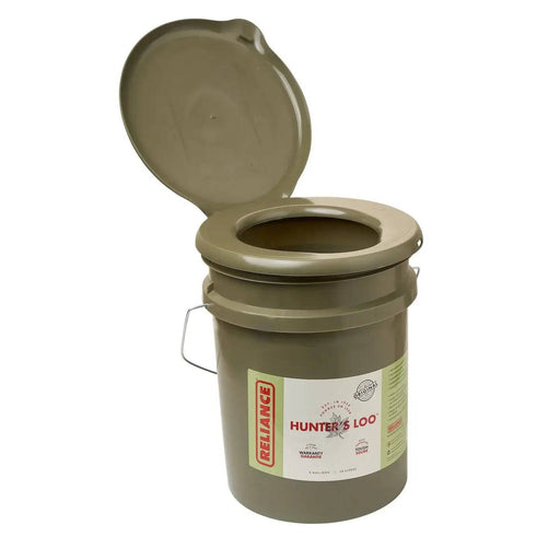 Portable Reliance Hunters Loo toilet in green camo with metal handle and snap-on seat, ideal for outdoor hunting trips.