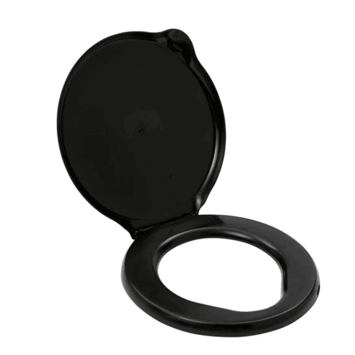 Reliance Luggable Loo Seat & Cover, black, open, fits 5-gallon pails, portable outdoor toilet seat, lightweight and easy to clean.