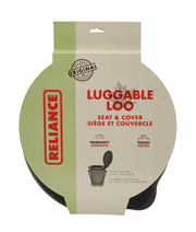 Reliance Luggable Loo Seat & Cover packaging, converts 5-gallon pails to portable toilets, available at Cabin Depot