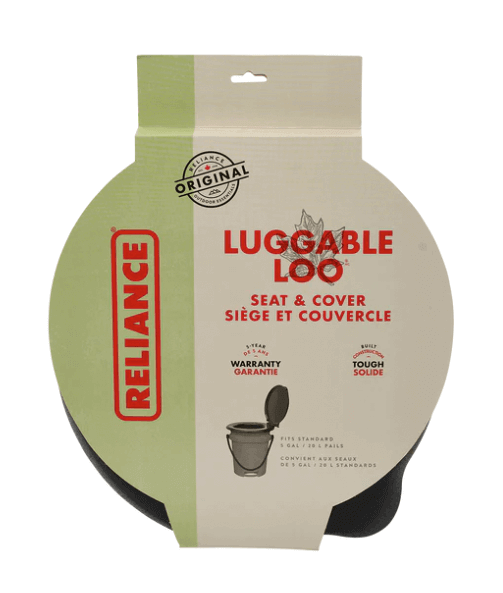 Reliance Luggable Loo Seat & Cover packaging, converts 5-gallon pails to portable toilets, available at Cabin Depot