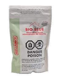 Reliance Bio-Blue Toilet Deodorant Chemicals 24 Pack in green and white packaging with safety warnings and product label.