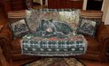 Brown sofa with bear-themed tapestry throw and pillow set, including black bear family design, enhancing home or cabin decor.