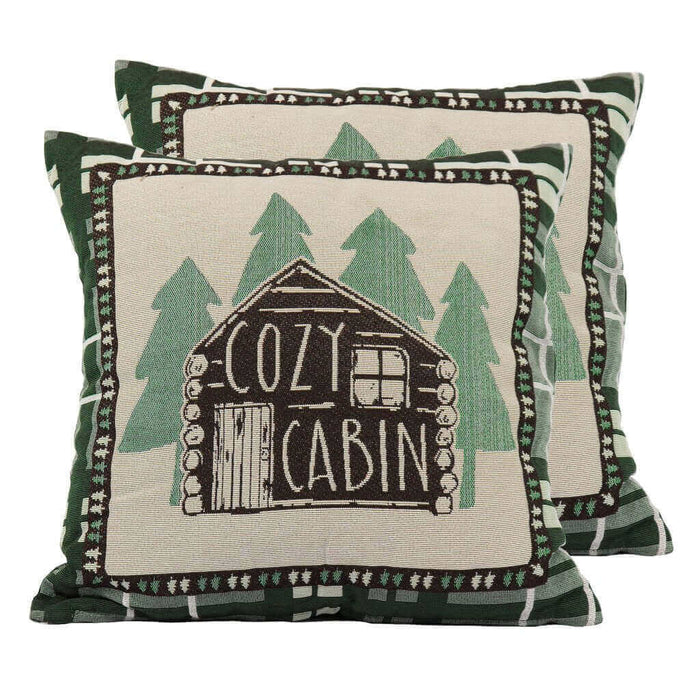 Cozy cabin tapestry pillows with green trees design, perfect for home or cabin decor, 18x18 inches, set of 2.