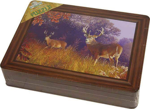 Rivers Edge Spring Arrivals Puzzle in embossed tin featuring deer in a forest, perfect for indoor entertainment and decor.