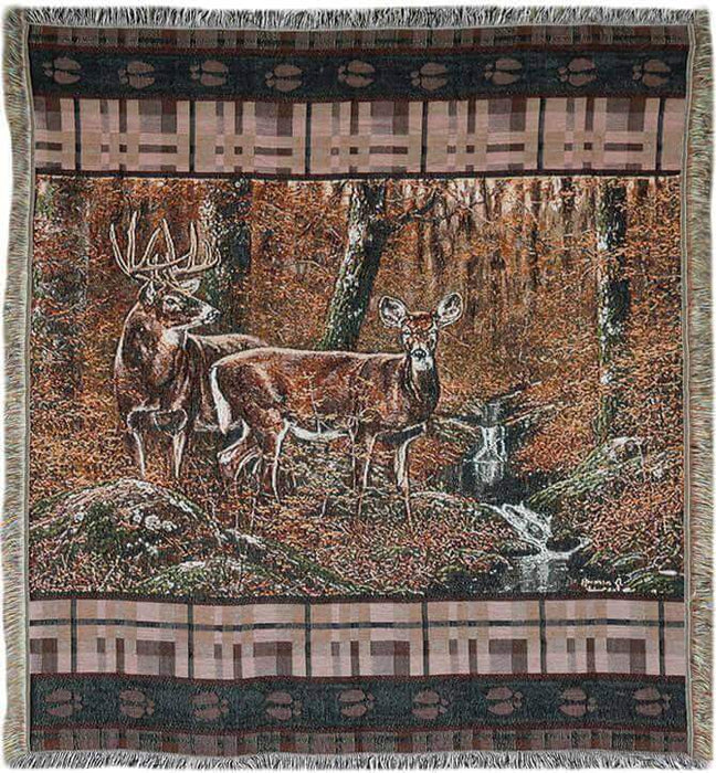 "Rivers Edge Deer Tapestry Throw 50x60 featuring scenic forest design, perfect home or cabin decor, made of soft polyester-cotton blend."