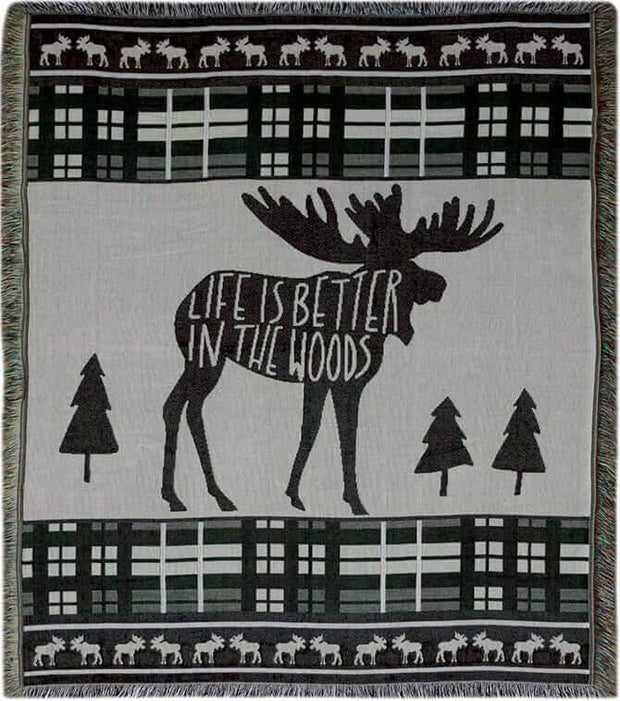 Moose-themed tapestry throw with "Life is Better in the Woods" message, featuring trees and wildlife accents in earthy tones.