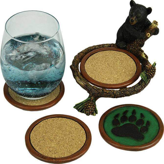Rivers Edge Baby Bear Pinetree Coaster Set with bear paw prints, perfect for Cabin Depot enthusiasts.