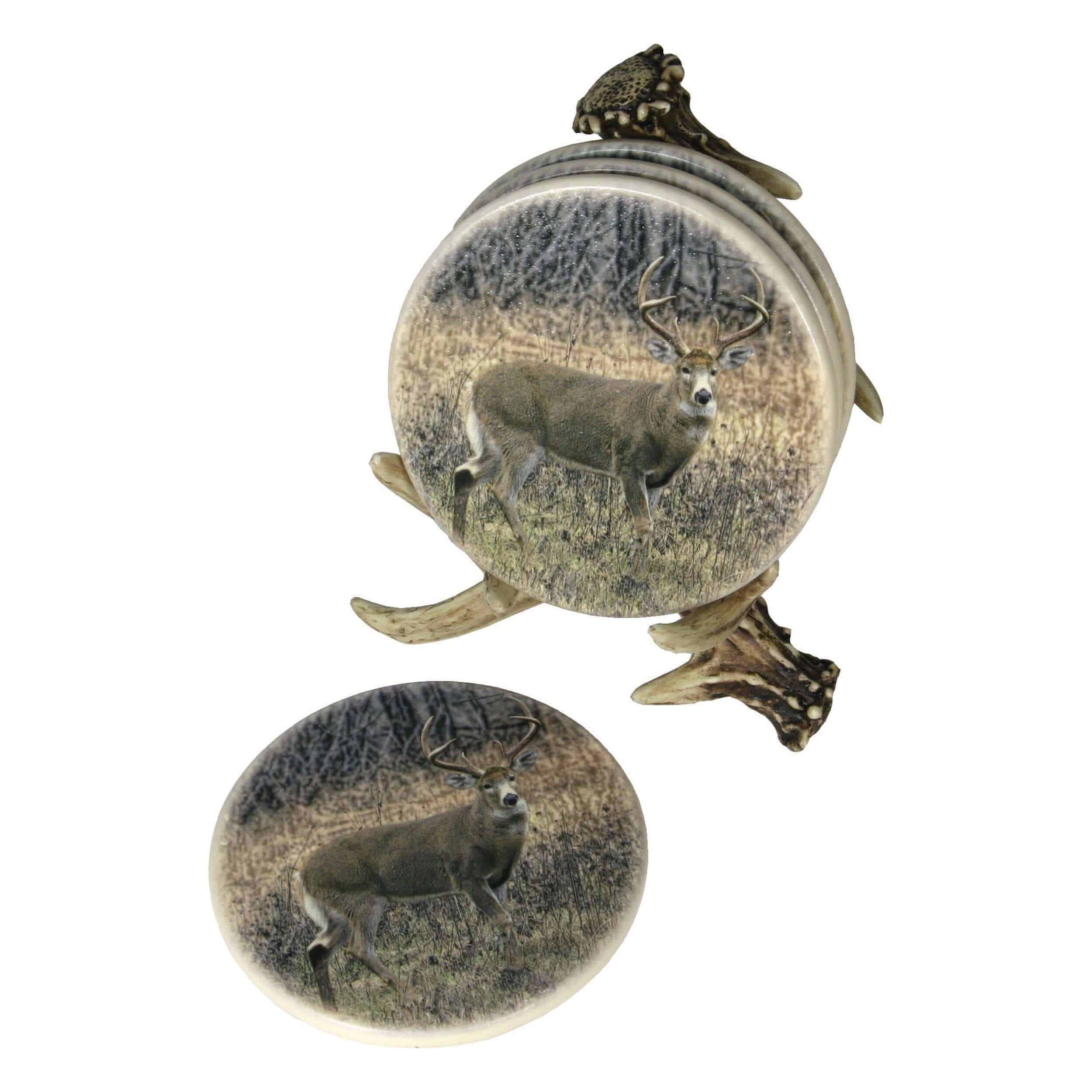 Rivers Edge Deer Antler Coaster Set 4 Piece - Rustic cabin decor from Cabin Depot, featuring realistic resin antler holder and cork coasters.