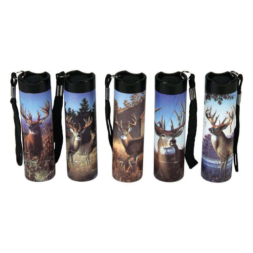 River's Edge Deer LED Flashlights with deer designs, featuring durable aluminum bodies and wrist lanyards for outdoor use.