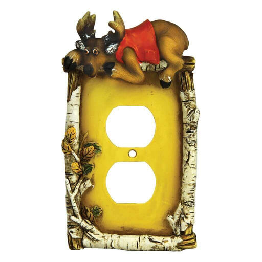 Rivers Edge Cute Deer Receptacle Cover with birch wood border and deer in hunting vest, perfect for hunting-themed home decor.