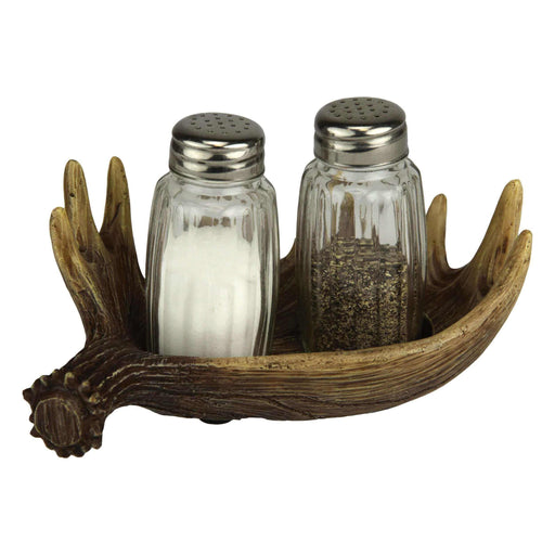 Moose antler salt and pepper shakers with napkin holder from River's Edge, featuring a ceramic design resembling real antlers.