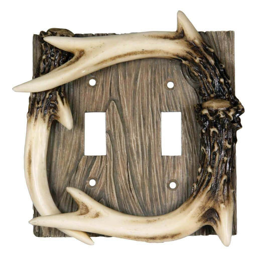 Antler double switch plate cover with barnwood texture, perfect for hunting-themed decor by River's Edge Products.