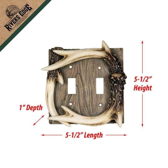 Rivers Edge Antler Double Switch Plate Cover with barnwood texture and deer antler design, 5.5" x 5.5" x 1", includes screws.