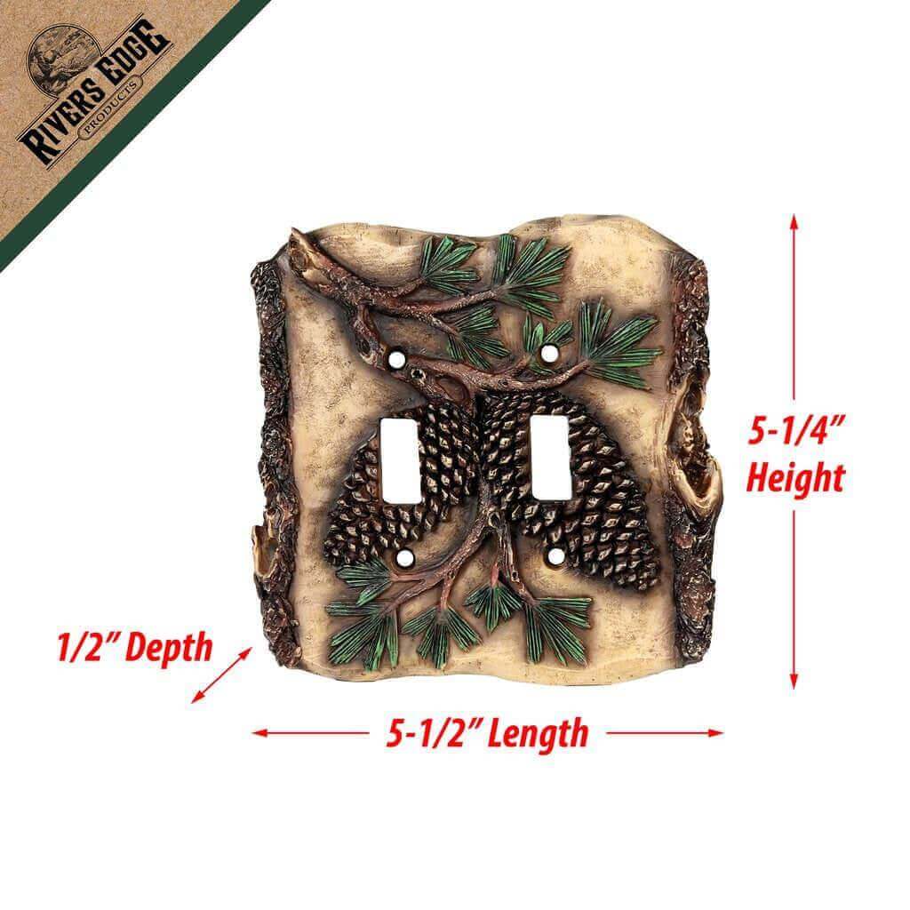Rivers Edge Pine Cone Double Switch Plate with Wood Texture, ideal for cabin-themed decor; durable poly resin; available at Cabin Depot.