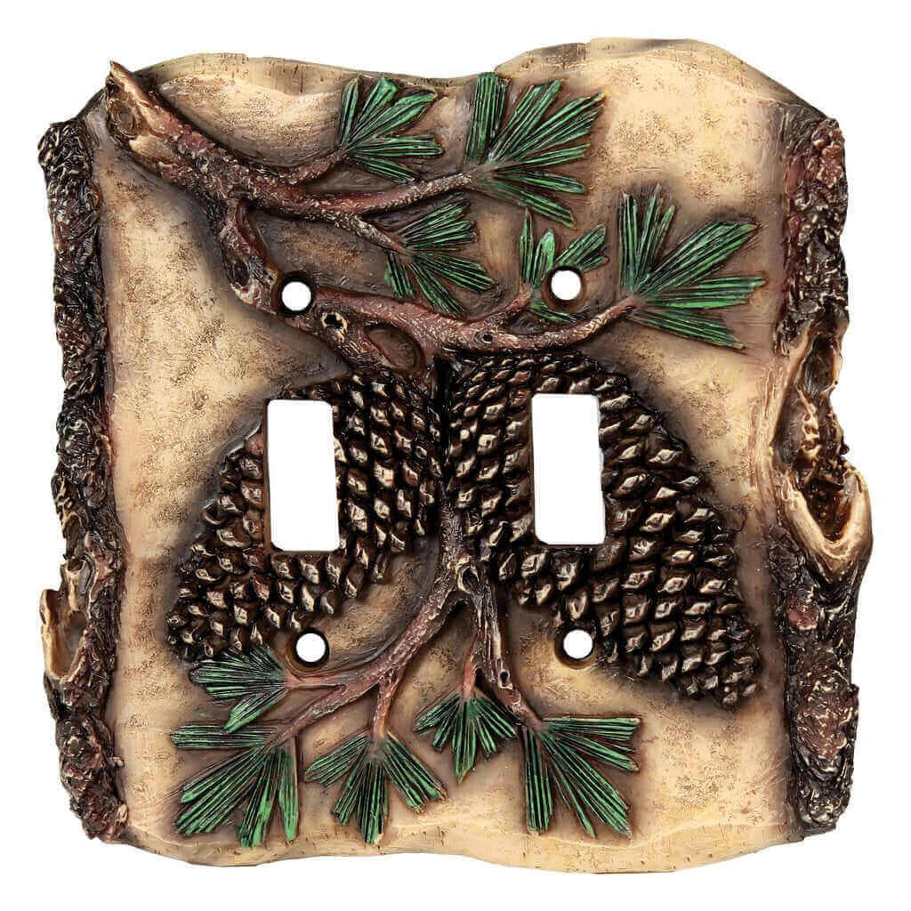 Cabin Depot Rivers Edge Pine Cone Double Switch Plate Cover, hand-painted poly resin with wood texture, pinecones and branch design.