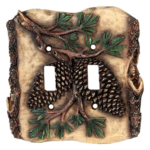 Pine Cone Double Switch Plate Cover with Wood Texture by River's Edge, featuring hand-painted pinecones and branches.