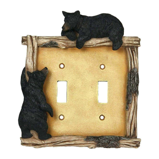 Rivers Edge Bear double switch plate cover with two black bears and wood border, perfect for outdoors-themed decor.