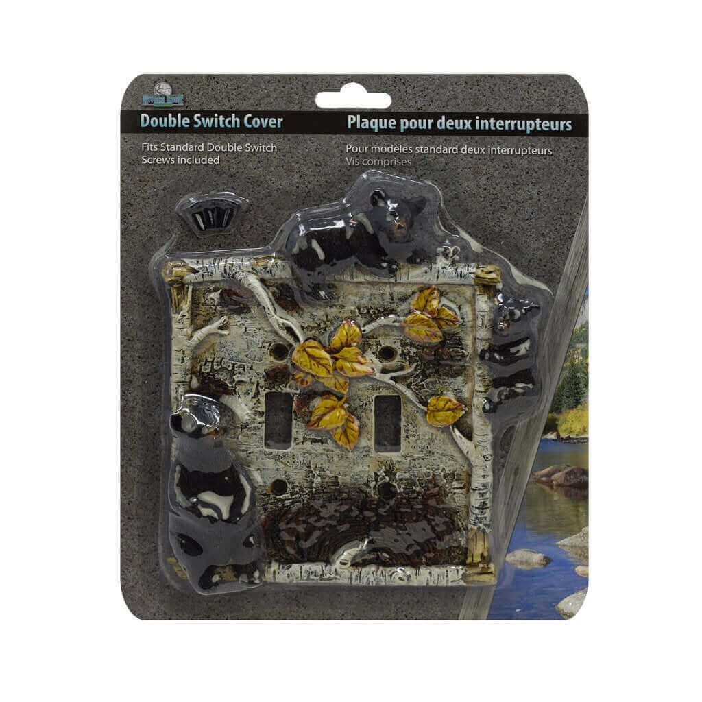 Rivers Edge Birch Bear Double Switch Plate Cover with black bears, birch border, ideal for cabin decor. Available at Cabin Depot.